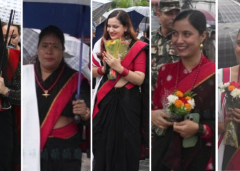इन्द्रजात्रामा सहभागी हुन महिला मन्त्रीहरू नेवारी परम्परागत पहिरन हाकुपटासीमा सजिएर पुगे
